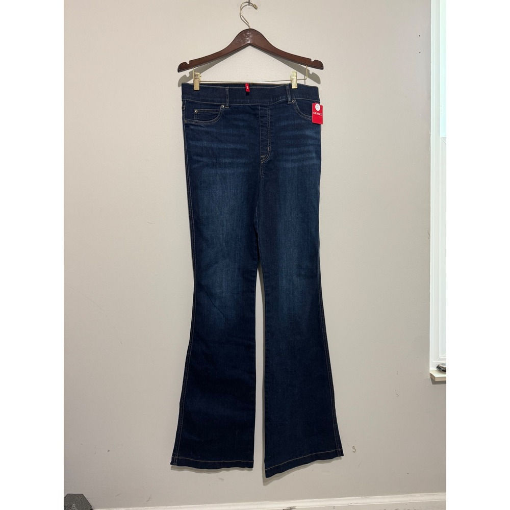Spanx Flare Jeans Dark Indigo Tall XL Pull On High Rise Shaping Denim Pants